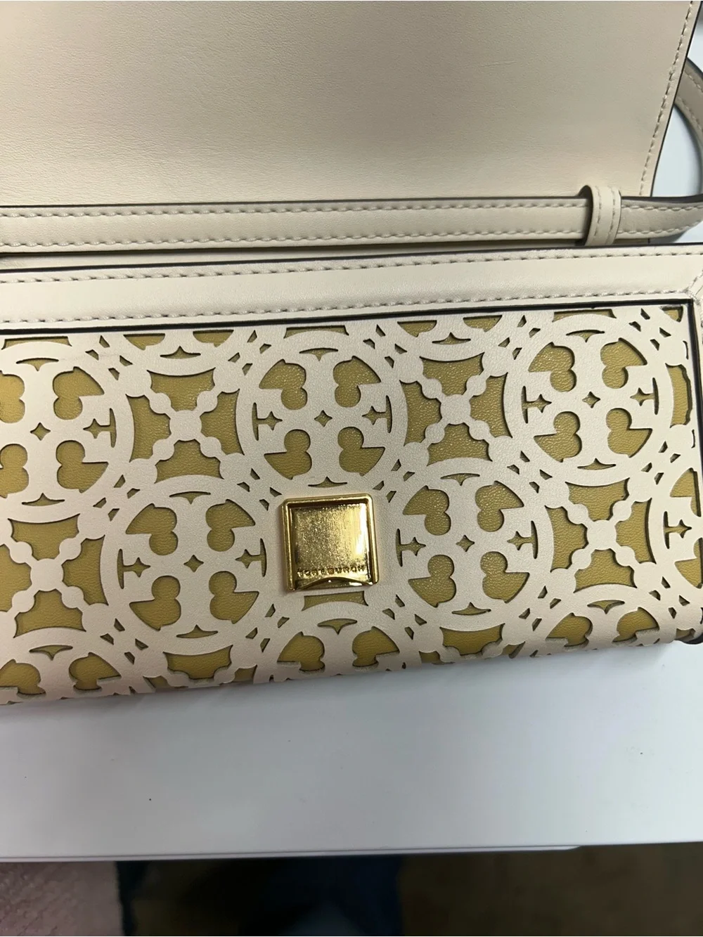 Tory Burch Laser-Cut T Monogram Crossbody in New Ivory and Beeswax
